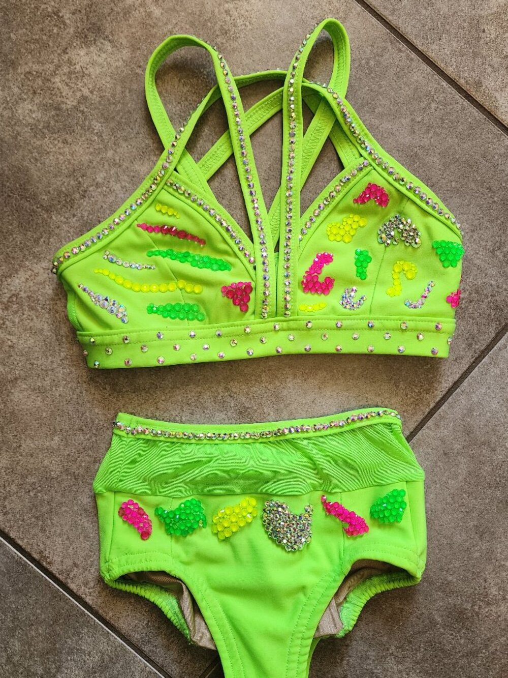 Neon Green Details Dancewear Custom Rhinestoned CS/CM top
